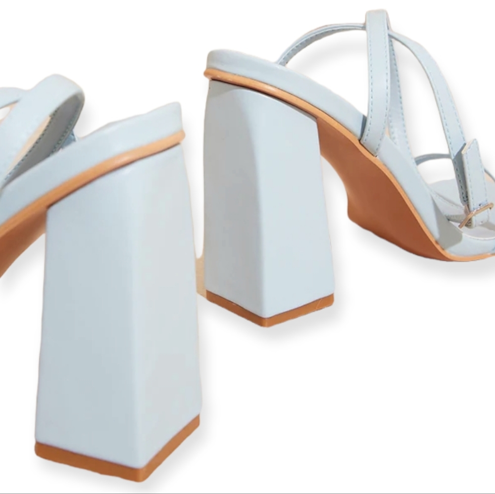 Blue PU Square Toe Barely There Block Heel Sandals - Picture 4 of 4